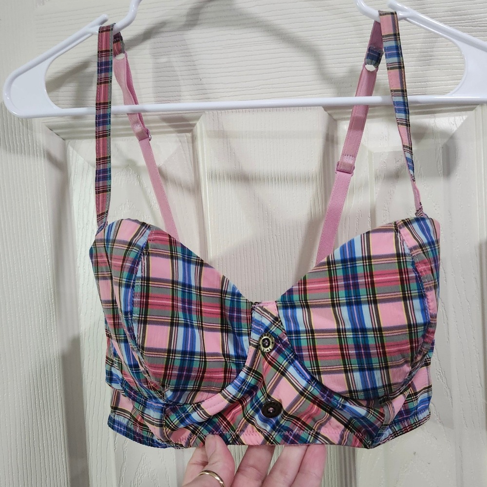 Antigel de Lise Charmel Plaid Bustier Bra Pink Blue Yellow 32D Made in Italy